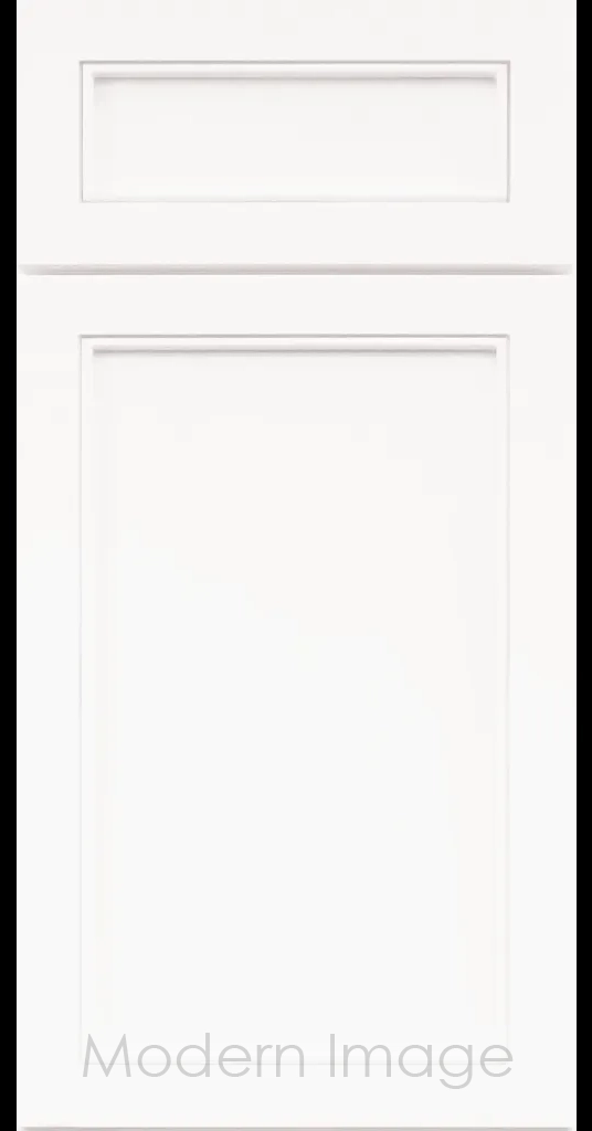 Alpine Slim Cabinet Door a narrow Stile & Rail Surrounding a flat center panel in a Dove White Custom Paint